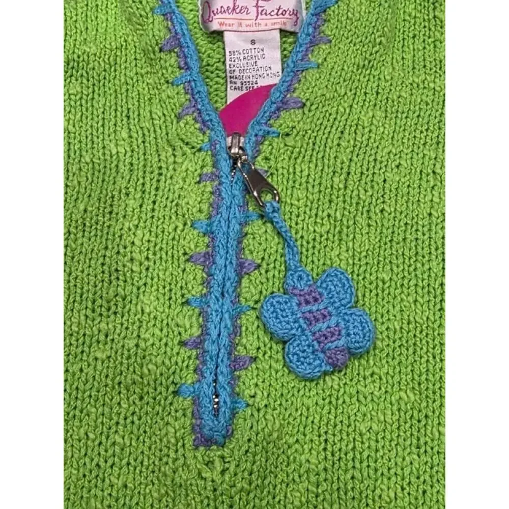 NWT Quacker Factory Embroidered butterfly knit top w/ hood Green Small A004004